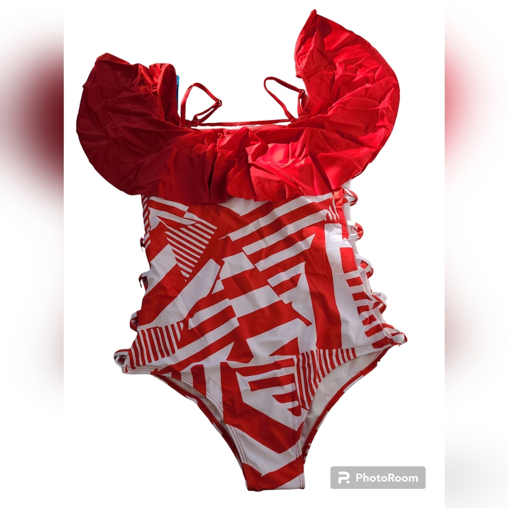 IFFEI Women Red & White Striped One Piece Swimsuit Ruffle Size Large